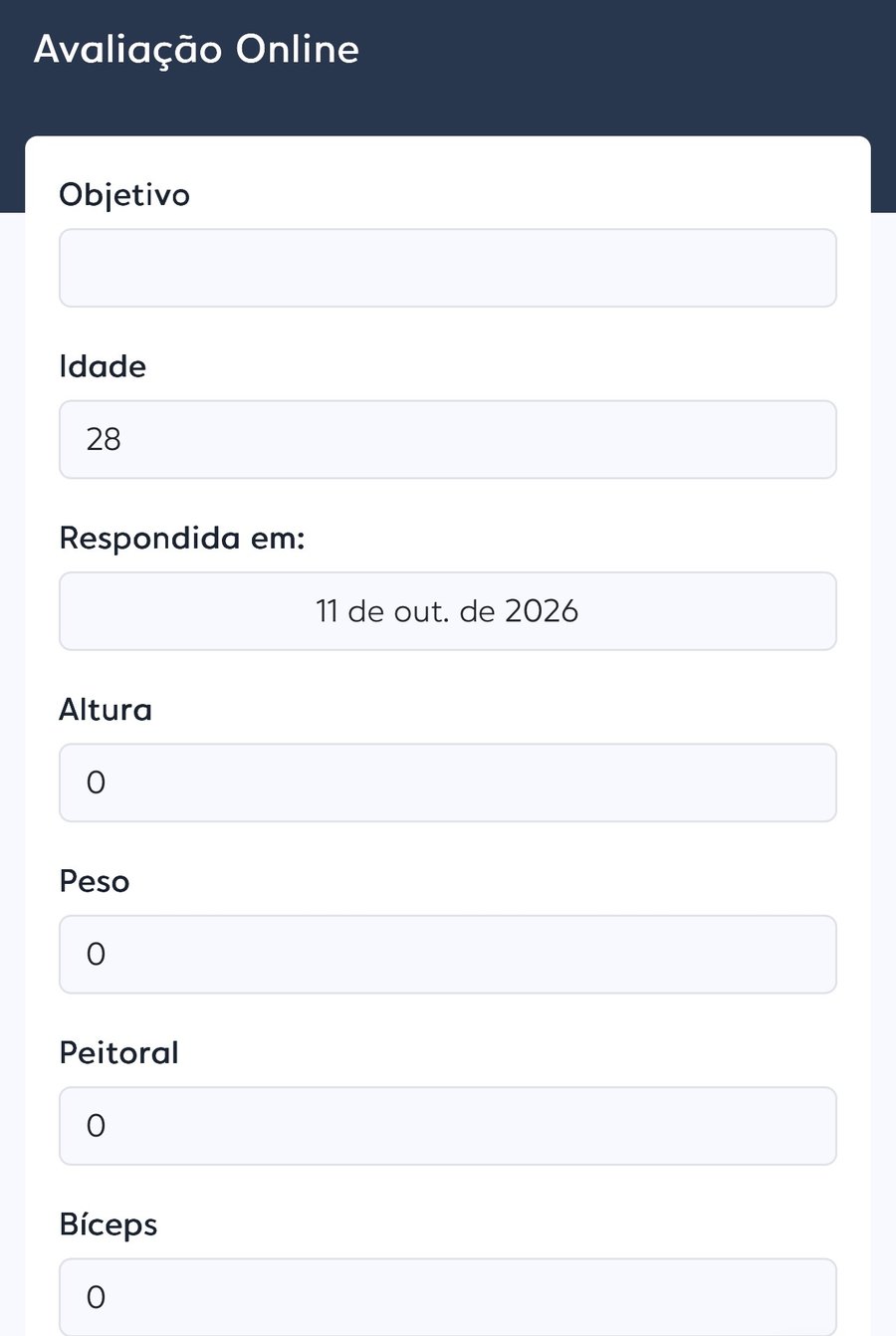Anamnese respondida pelo aluno no app de treino